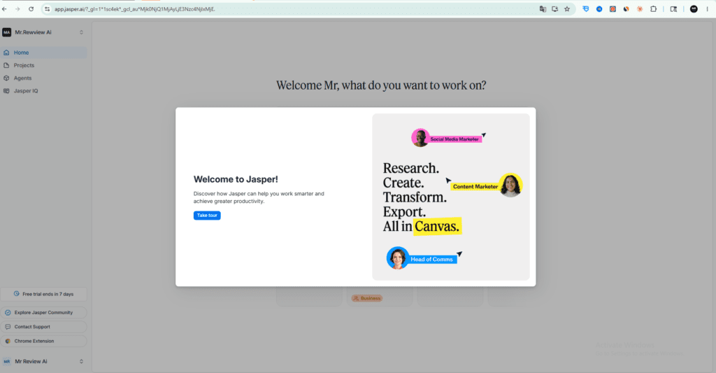 Jasper AI Canvas platform welcome screen showing Research Create Transform Export workflow for content marketers and social media teams