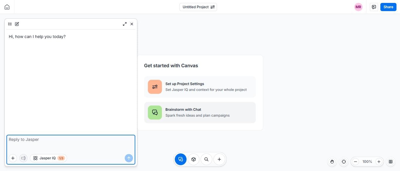 Jasper AI Canvas editor — chat-to-create interface May 2026