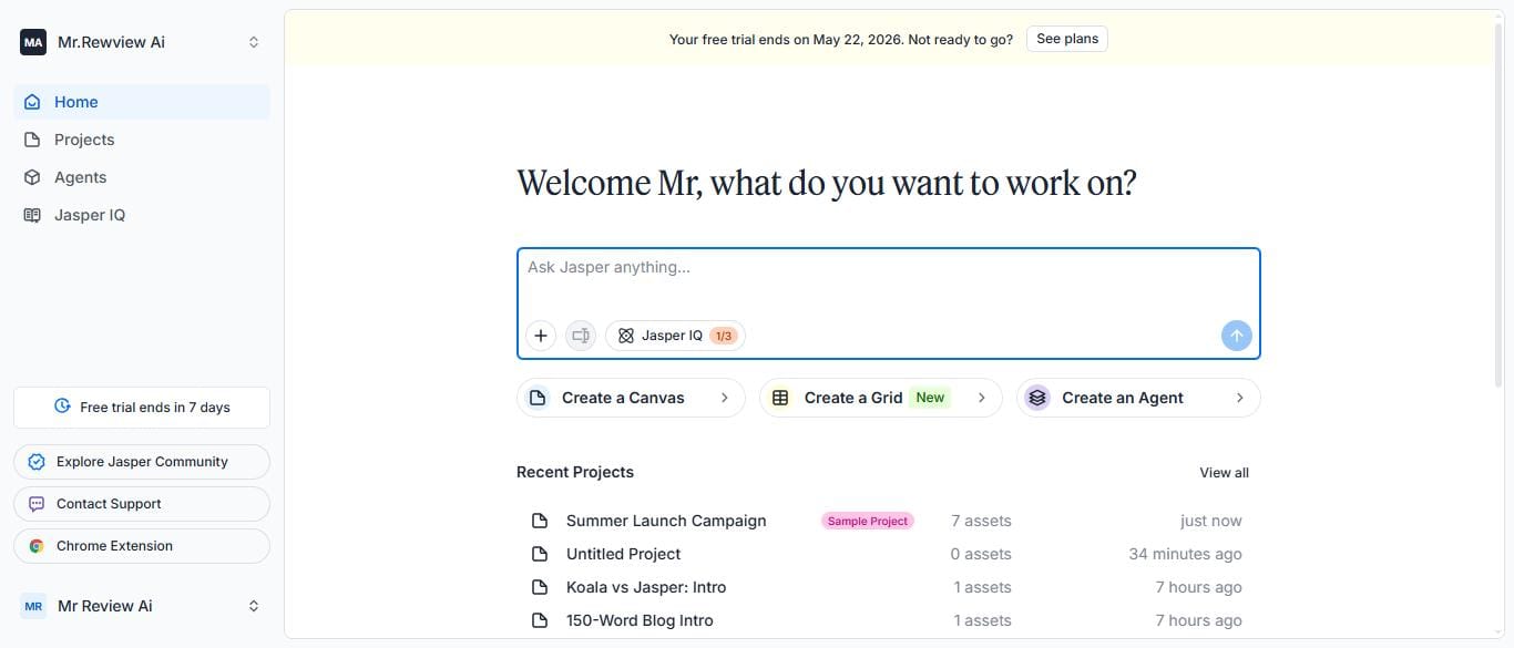 Jasper AI dashboard 2026 — home screen with Canvas Grid Agent options