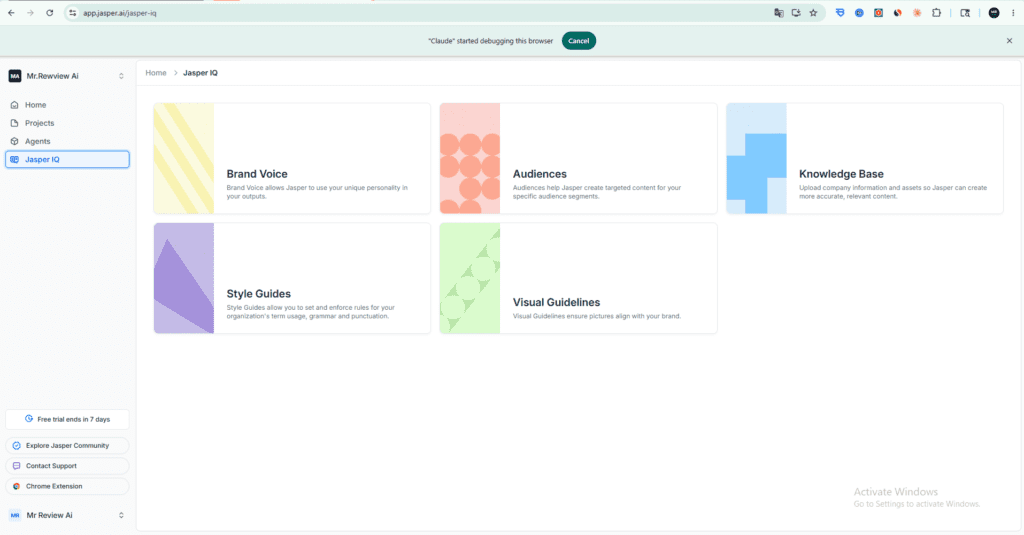 Jasper IQ feature overview showing Brand Voice, Audiences, Knowledge Base, Style Guides and Visual Guidelines for consistent brand content creation