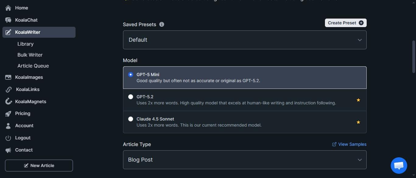 KoalaWriter settings panel — keyword input and article generation options, May 2026