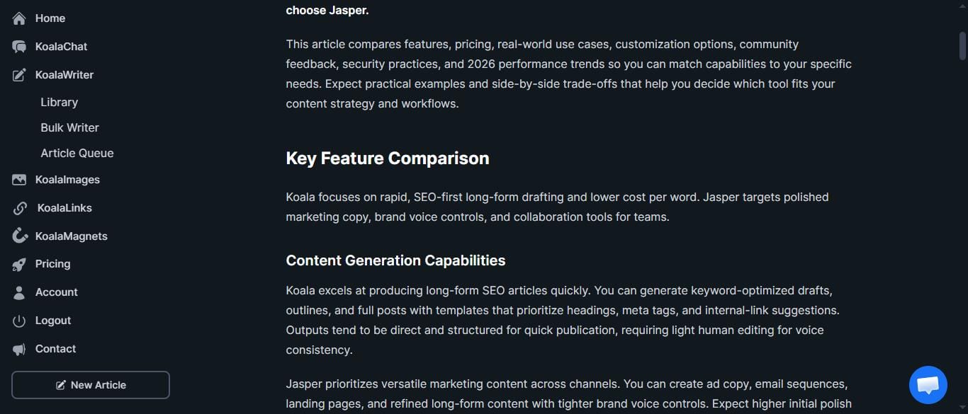 Koala AI article output — 2430 words generated in 5 minutes 28 seconds