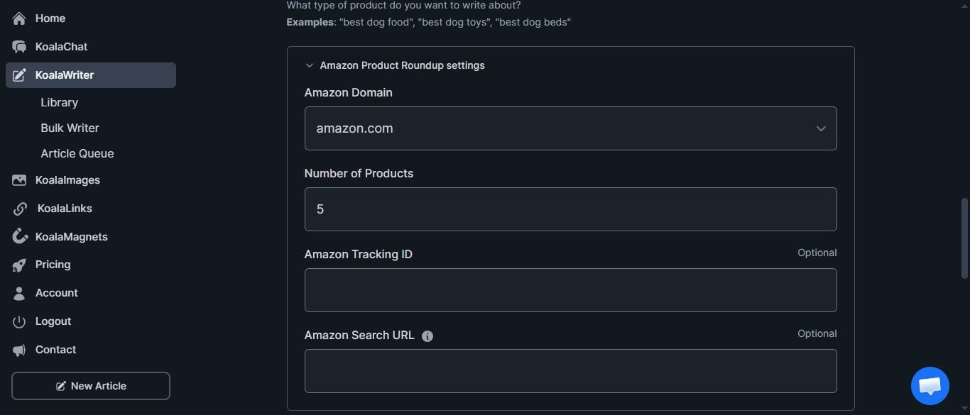 Koala AI Amazon Product Roundup — affiliate tracking ID integration