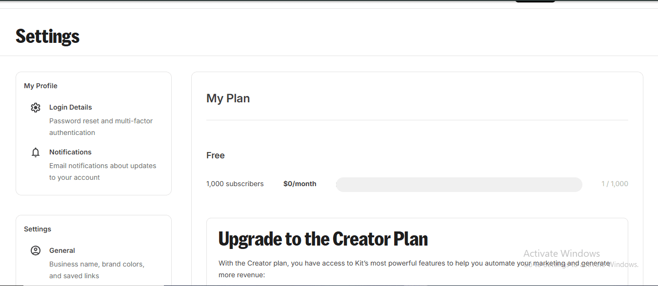 Kit free plan billing page showing My Plan Free $0 per month with 1 of 1000 subscribers used May 2026