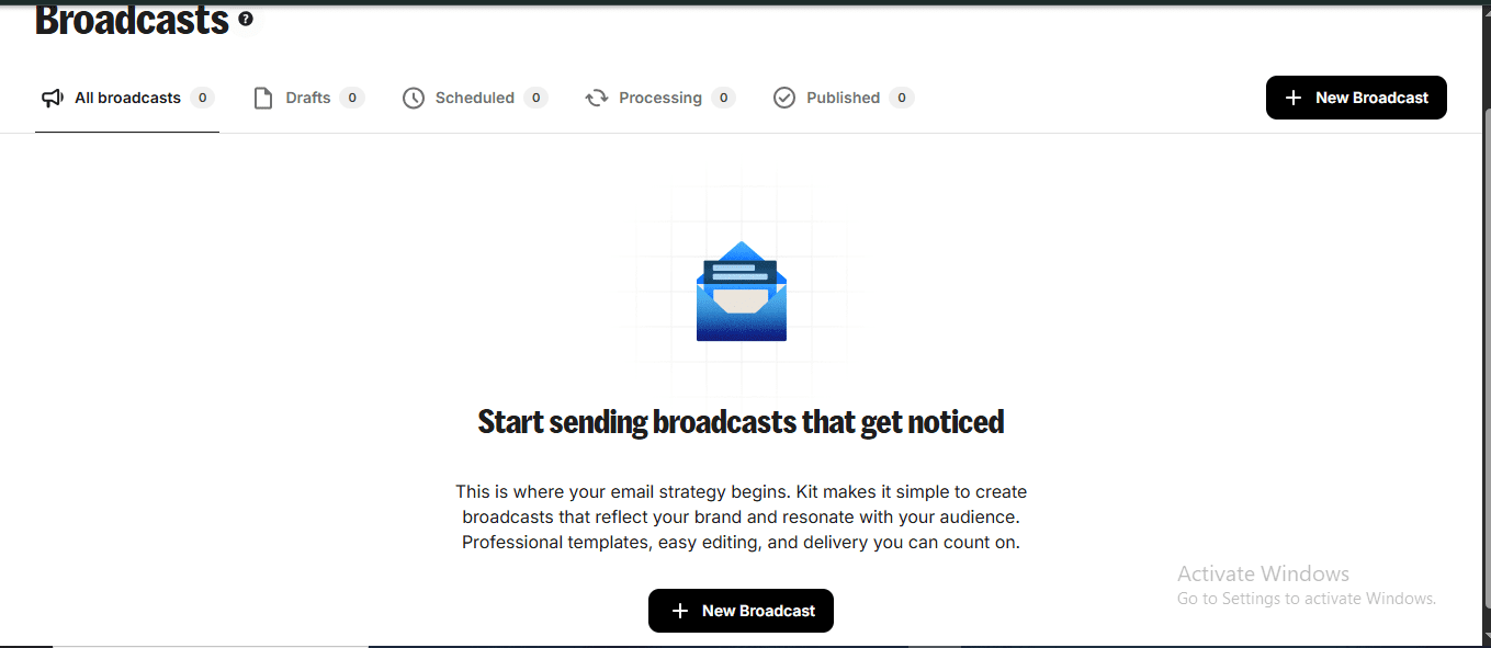 Kit free plan Broadcasts page with no upgrade paywall — unlimited broadcasts available on free plan May 2026
