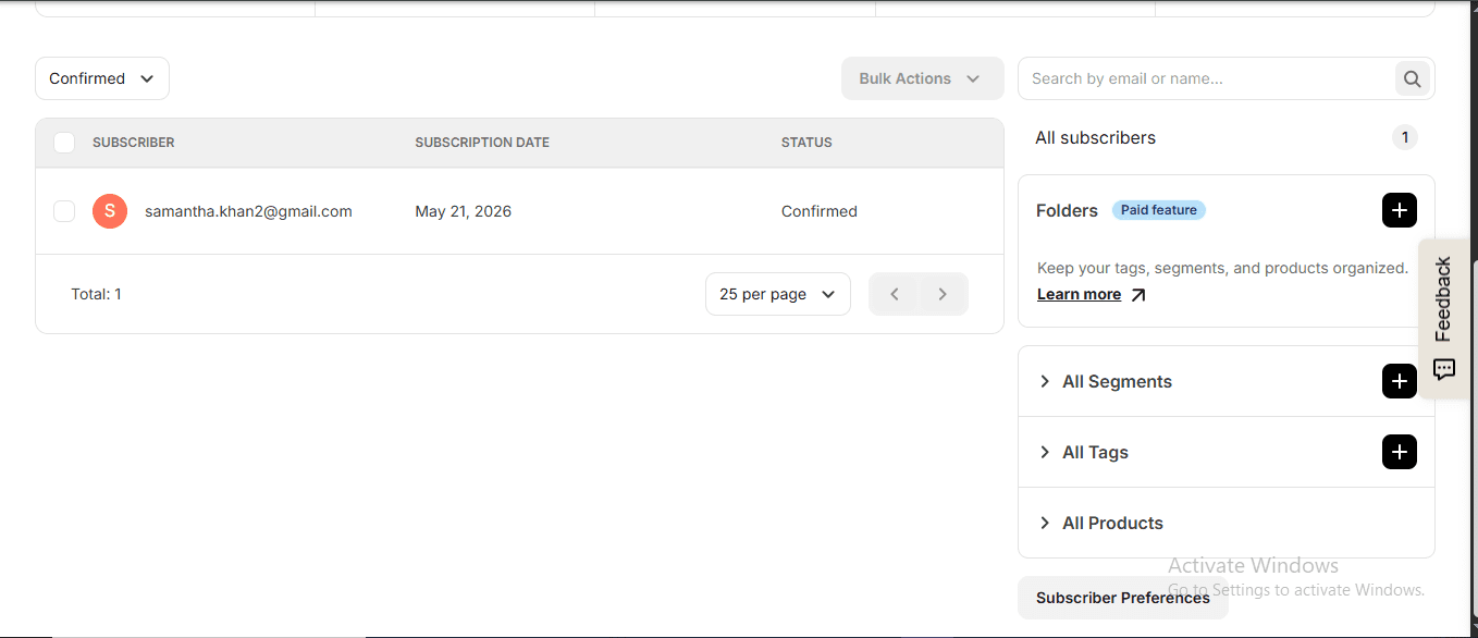 Kit Free Plan Confirmed Subscriber List – Total 1 May 2026 Kit free plan subscriber list showing 1 confirmed subscriber with double opt-in status — All Segments, All Tags features active on free plan, May 2026