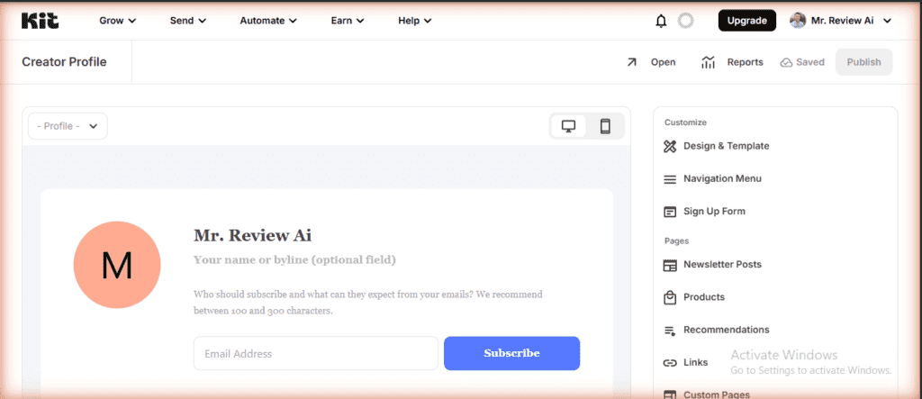 Kit free plan Creator Profile page โ includes Design & Template, Navigation Menu, Sign Up Form, Newsletter Posts, Products, Recommendations, Links, and Custom Pages. No upgrade required, fully accessible at $0/month (verified June 2026)