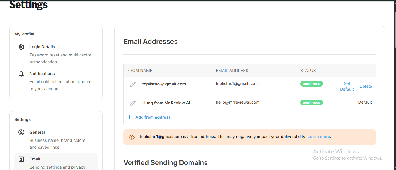 Kit Free Plan Custom Sender Domain hello@mrreviewai.com Confirmed 2026 Kit free plan Email Settings showing hello@mrreviewai.com custom sender domain confirmed as Default — verified on free plan May 2026