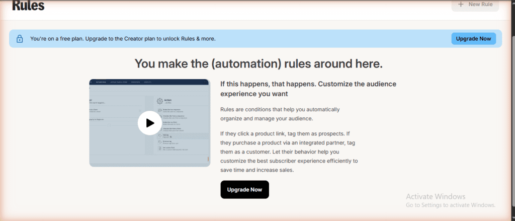 Kit free plan Rules page locked โ "You're on a free plan. Upgrade to the Creator plan to unlock Rules & more." Rules auto-tag subscribers who click product links or make purchases. Requires Creator plan ($33/mo) to activate (verified June 2026)