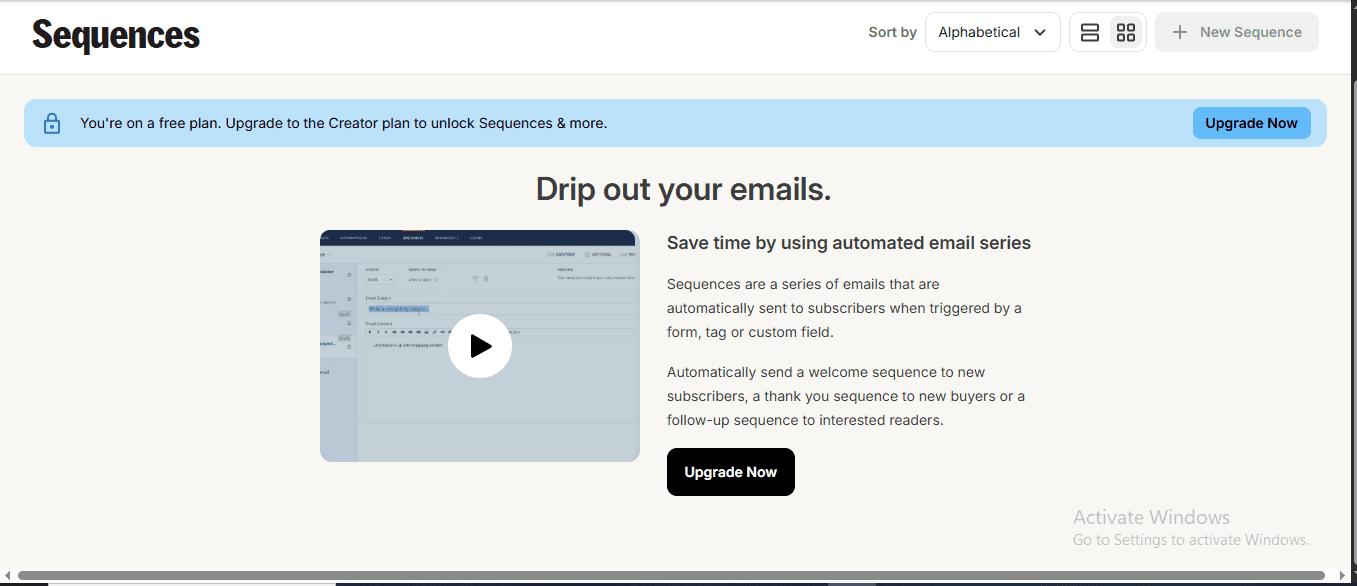 Kit free plan Sequences page showing locked upgrade banner — Creator plan required to unlock email sequences May 2026
