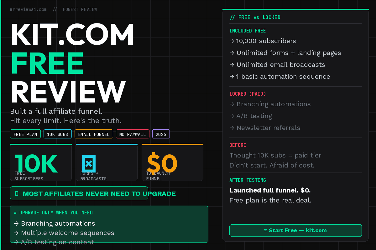 Kit.com Free Plan Review 2026 – hero image showing key features: 10K free subscribers, unlimited forms and broadcasts, $0 to launch an affiliate funnel