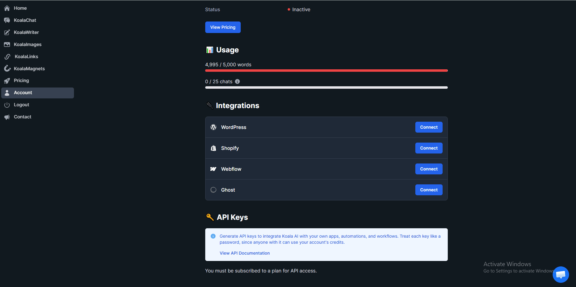 Koala AI account dashboard showing integrations with WordPress, Shopify, Webflow, Ghost and API Keys — May 2026
