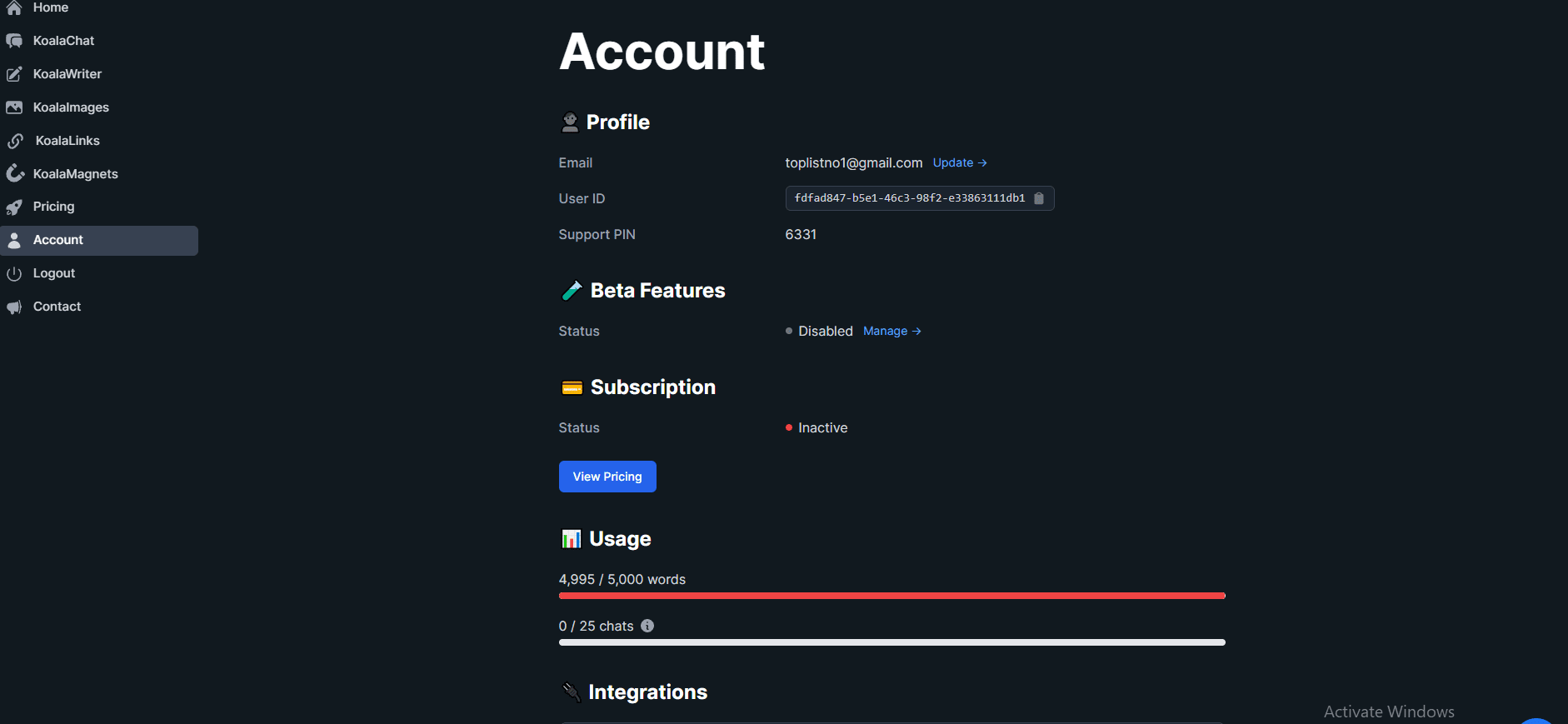 Koala AI account page showing free trial usage at 4,995 of 5,000 words — verified May 2026