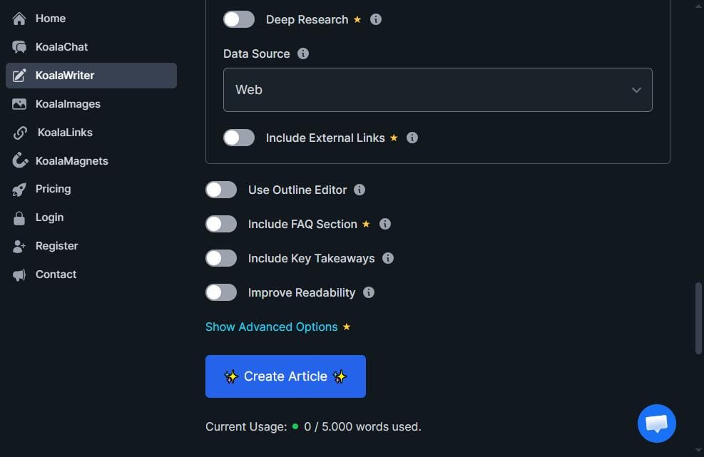 Koala AI article output – 2,430-word article generated in 5 minutes 28 seconds