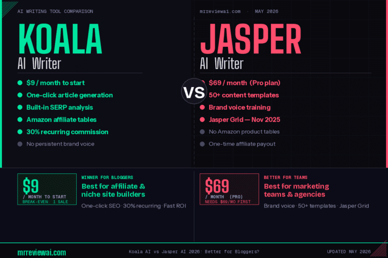 Koala AI vs Jasper AI 2026 comparison — pricing, features, and verdict for bloggers