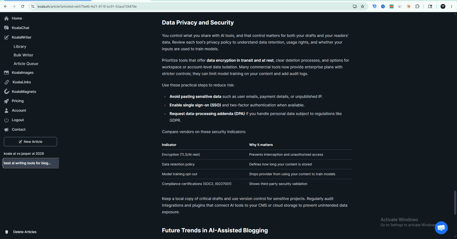 Koala AI data privacy and security features for bloggers