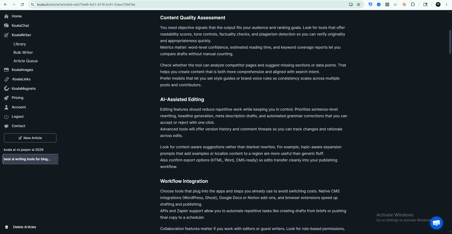 AI writing tool content quality assessment — Koala AI Writer