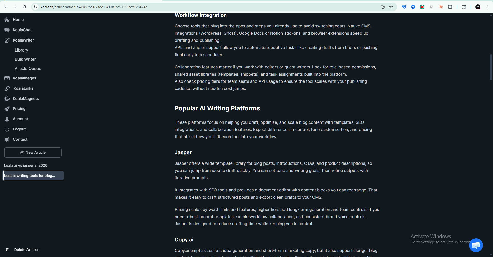 Koala AI Writer workflow integration and popular AI writing platforms