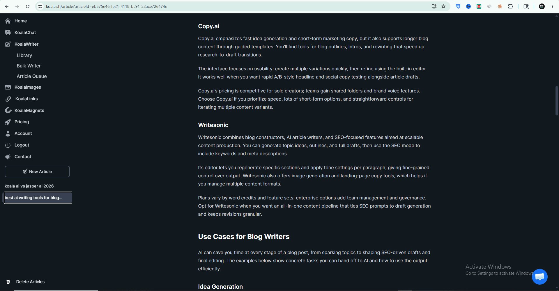 Jasper AI and popular AI writing platforms comparison — Koala AI Writer