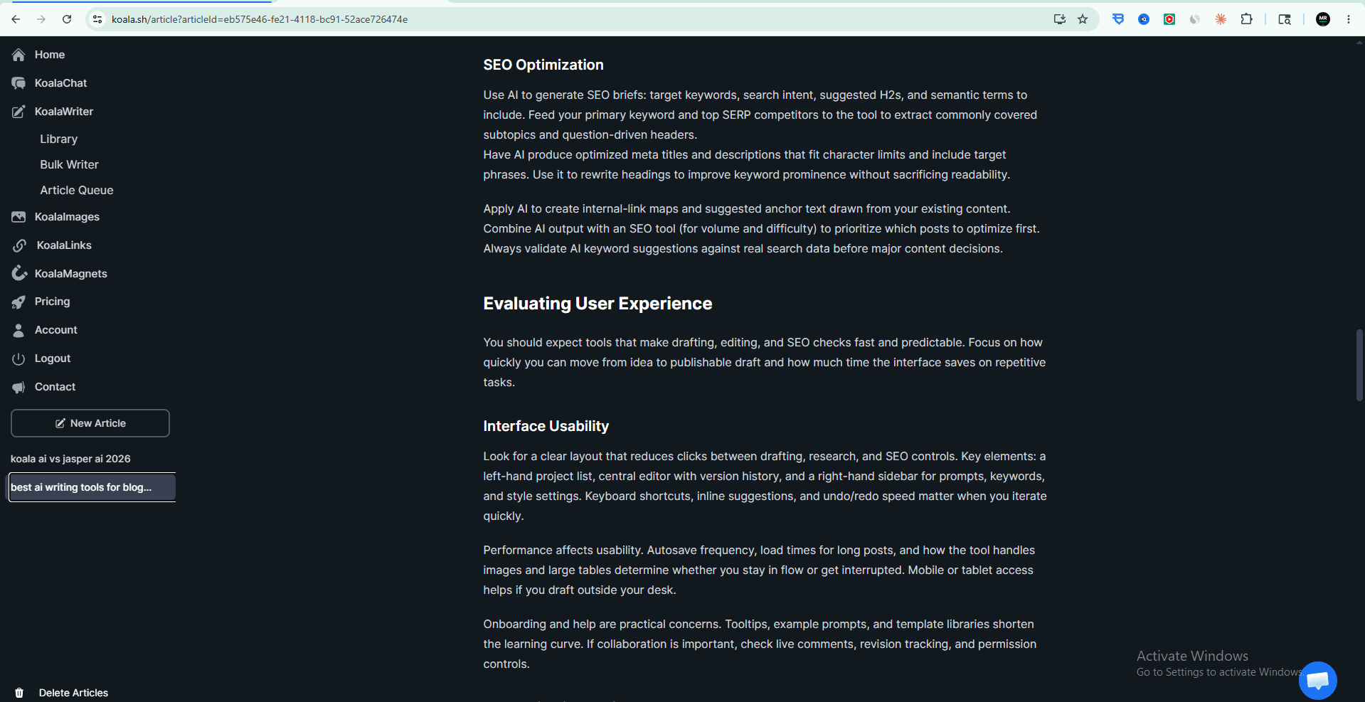 AI writing tool use cases for bloggers — draft creation and SEO