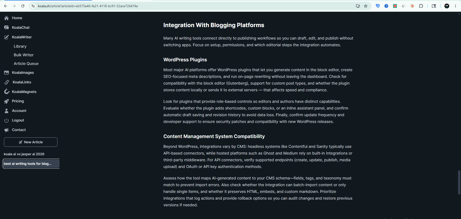 Koala AI Writer — WordPress and CMS integration features