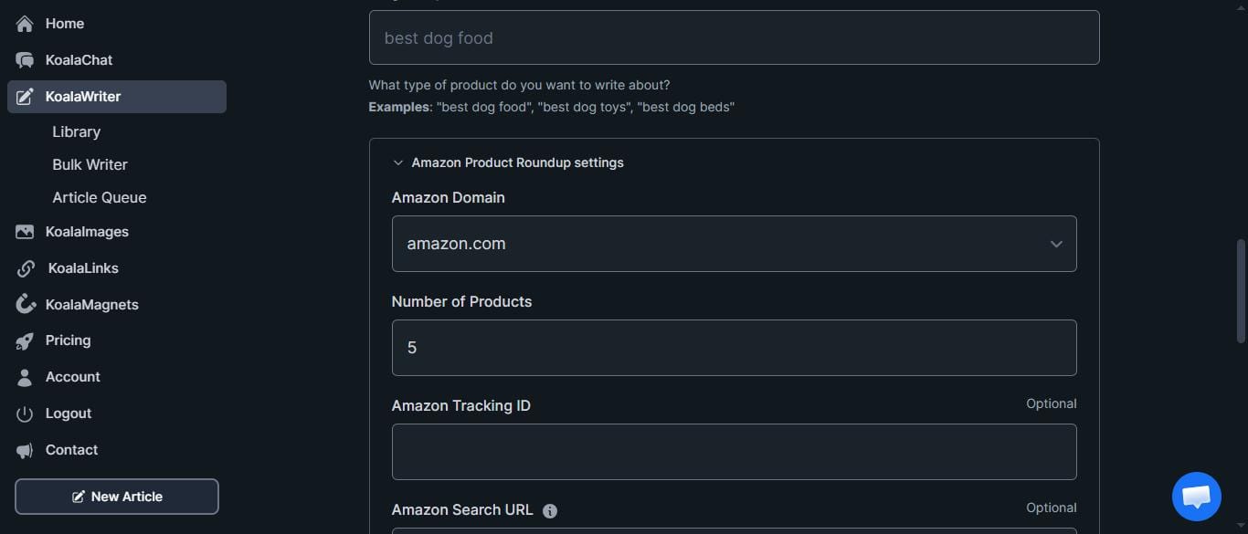 Koala AI Amazon Product Roundup — affiliate tracking ID integration