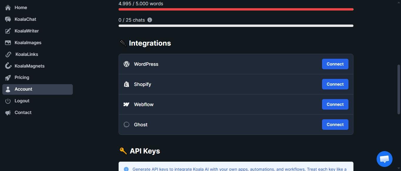 Koala AI integrations — WordPress Shopify Webflow Ghost 2026
