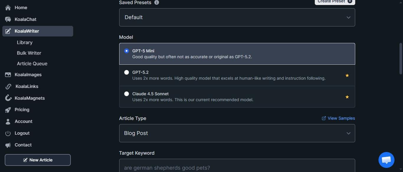 KoalaWriter settings panel — keyword input and generation options May 2026