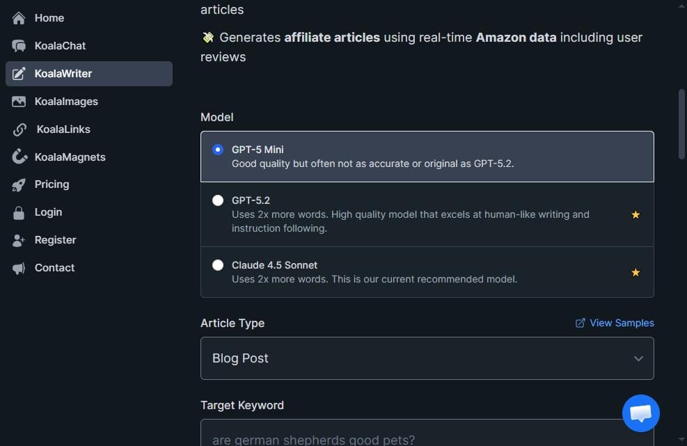 KoalaWriter settings panel – keyword input and generation options, May 2026 test