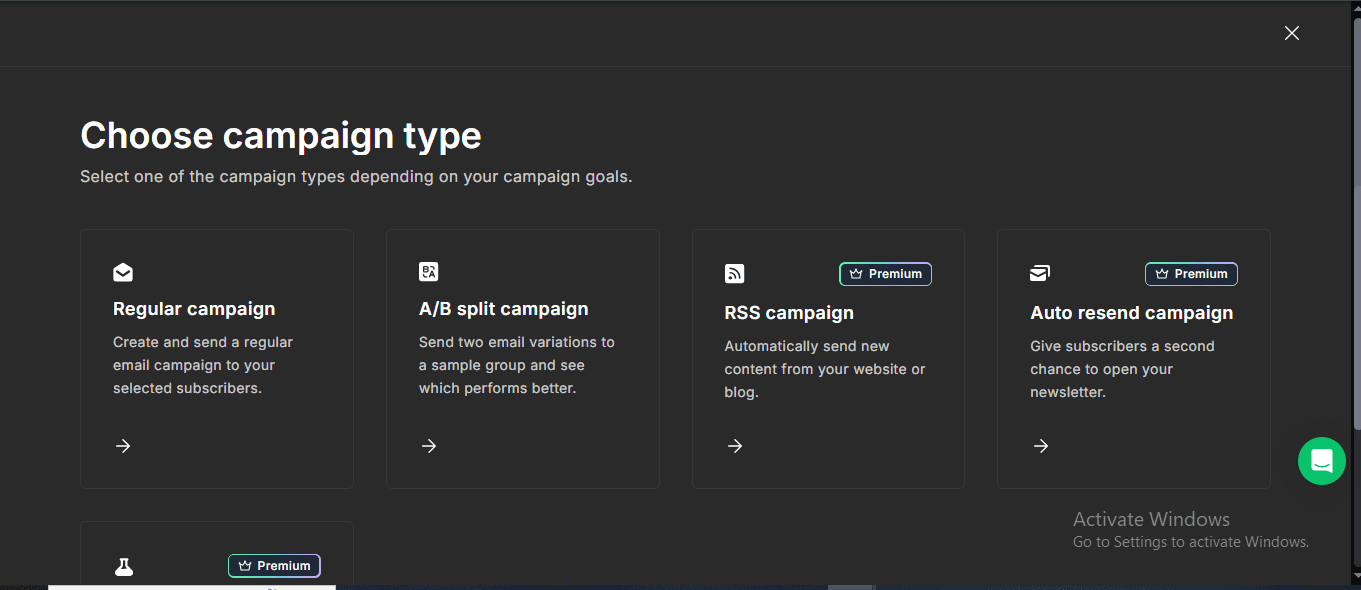 MailerLite free plan A/B split campaign available without Premium badge — RSS and Auto resend require Premium upgrade