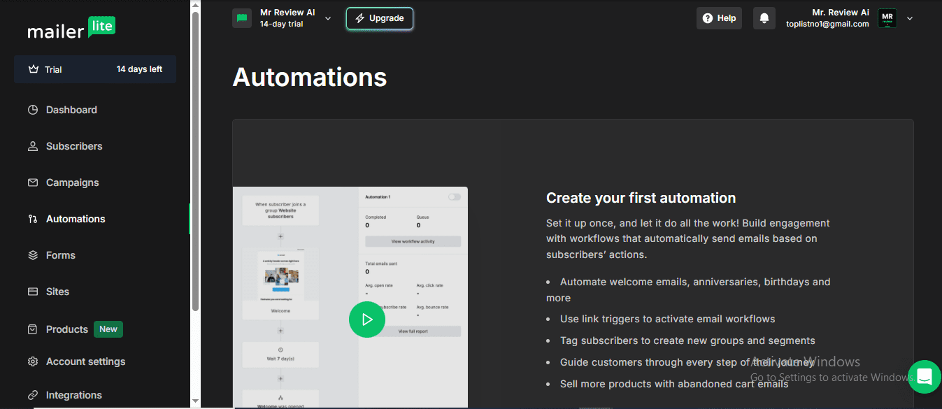MailerLite free plan automations page with no paywall or upgrade prompt — full workflow builder accessible