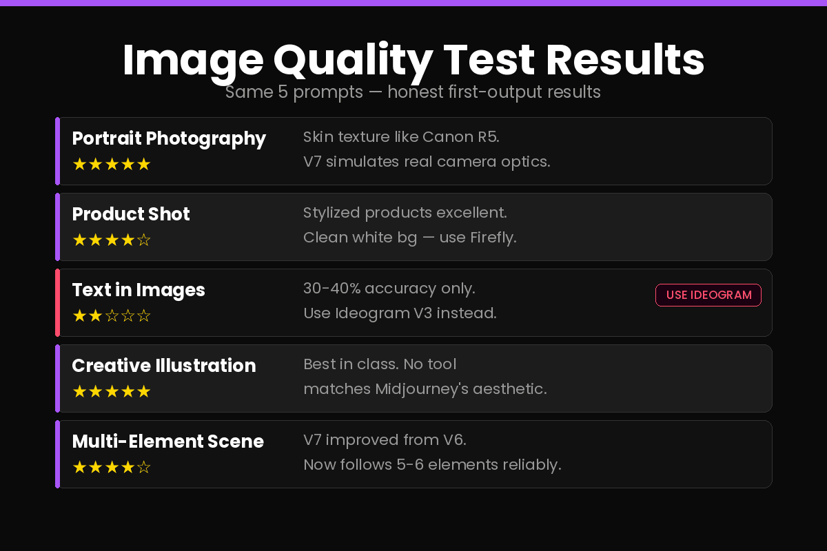 Midjourney V7 image quality test results 5 prompts portrait product text illustration 2026