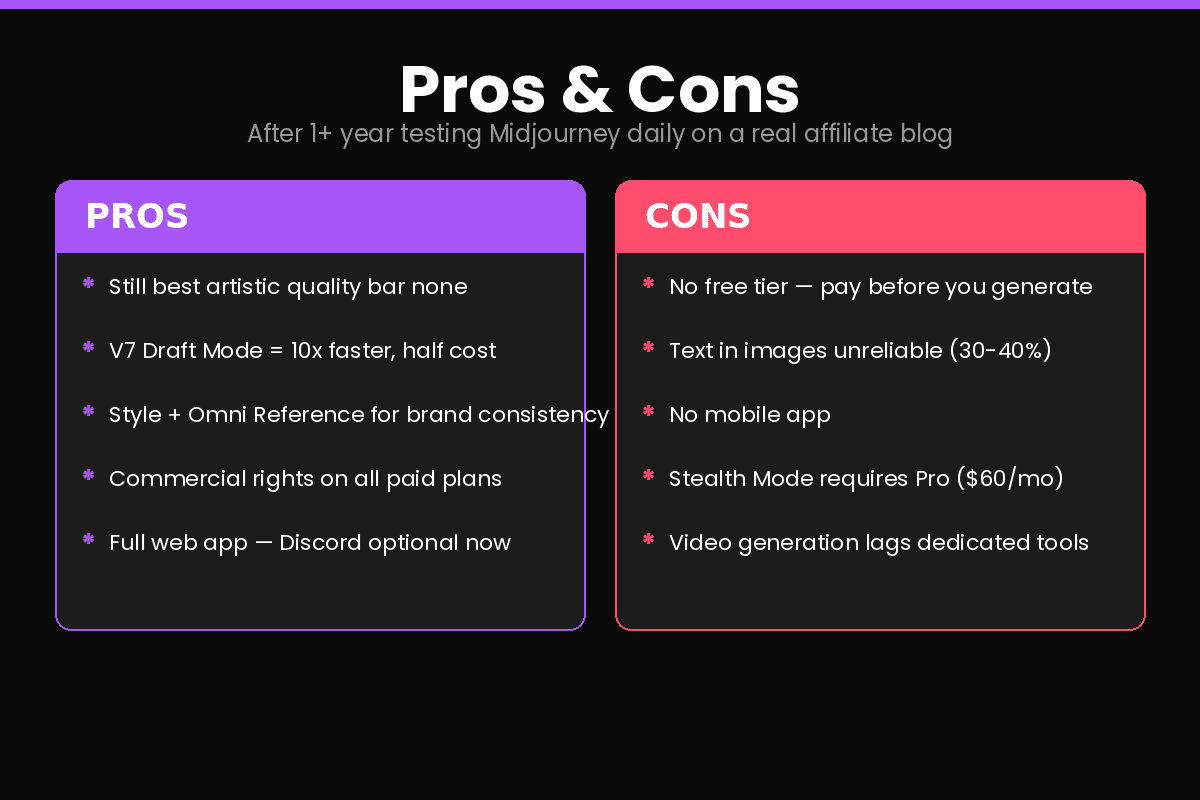 Midjourney pros and cons after 1 year daily use affiliate blog 2026
