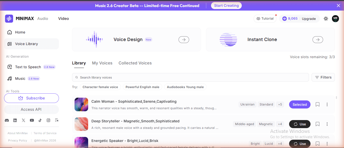 MiniMax Audio Voice Library showing Voice Design and Instant Clone features with 9065 credits and Voice slots 3 of 3