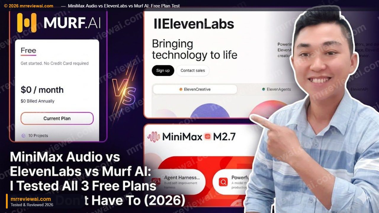 MiniMax Audio vs ElevenLabs vs Murf AI: I tested all 3 free plans side by side in 2026 — screenshot comparison showing Murf AI $0/month free plan, ElevenLabs interface, and MiniMax M2.7, reviewed by Hung at mrreviewai.com