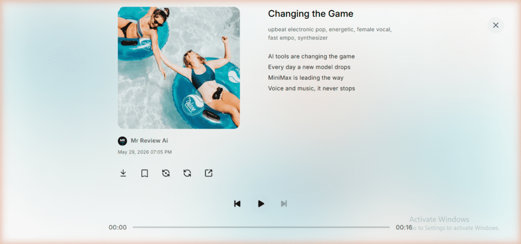 MiniMax AI generated song Changing the Game version 2 - upbeat electronic pop energetic female vocal fast tempo synthesizer - created by Mr Review Ai on May 29 2026 07:05 PM, duration 0:16