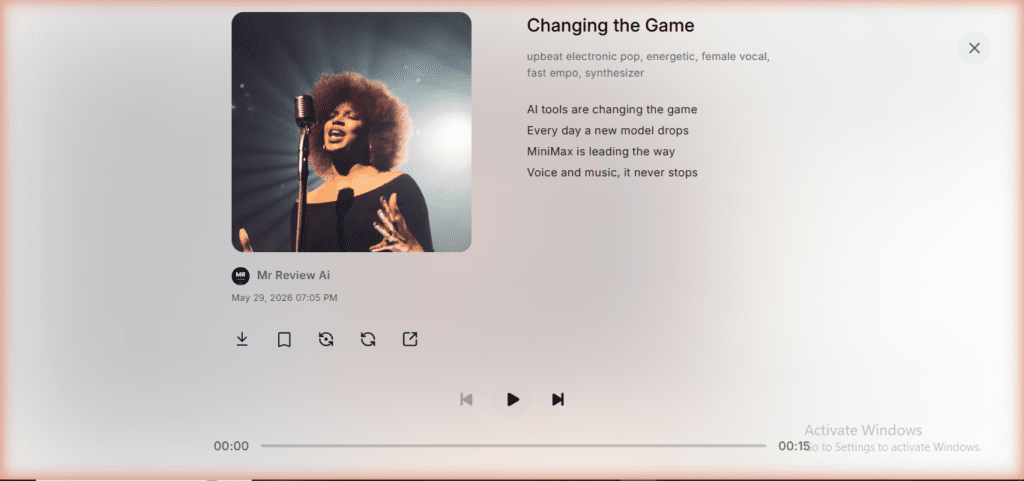 MiniMax AI generated song Changing the Game - lyrics: AI tools are changing the game, Every day a new model drops, MiniMax is leading the way - created by Mr Review Ai on May 29 2026 07:05 PM, duration 0:15