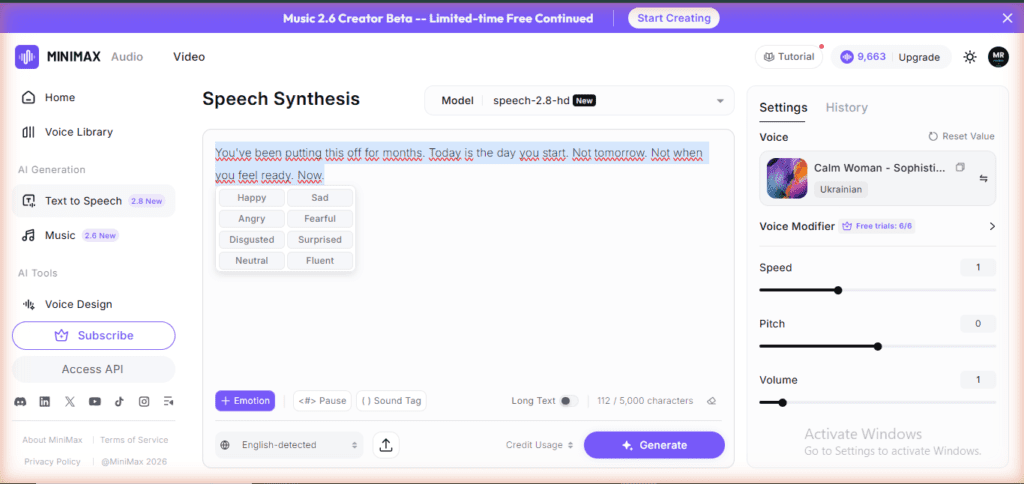 MiniMax Audio emotion control - 8 emotions available free: Happy, Sad, Angry, Fearful, Disgusted, Surprised, Neutral, Fluent - speech-2.8-hd model