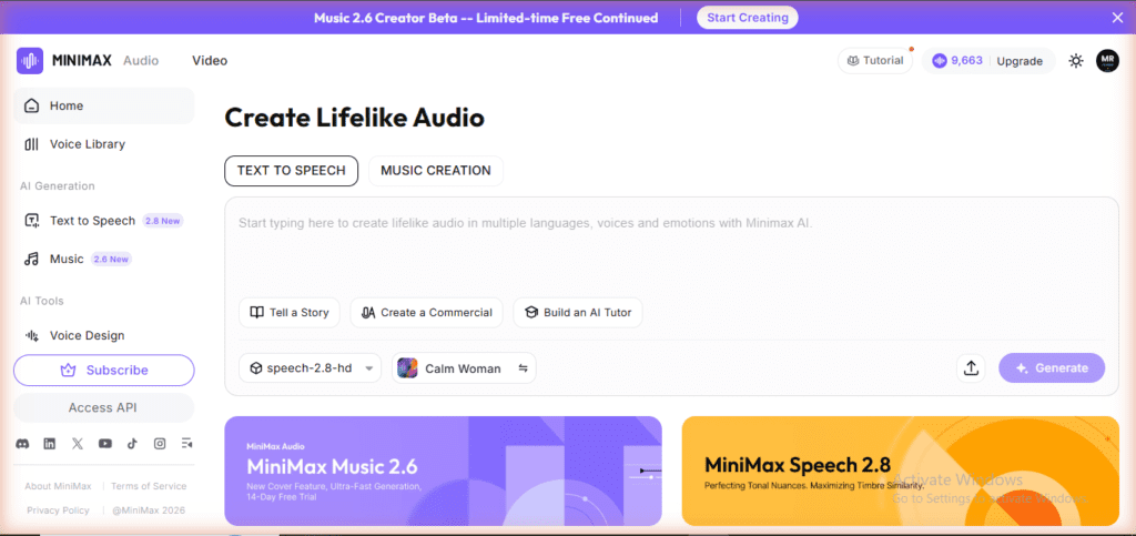 MiniMax Audio dashboard - Speech 2.8-hd model, 9663 credits, Text to Speech and Music Creation features visible