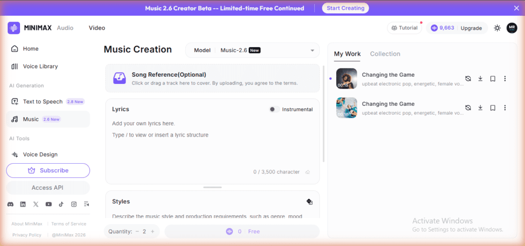 MiniMax Audio Music Creation - Music 2.6 New model, two songs Changing the Game generated for free, upbeat electronic pop energetic female vocal, Quantity 2, 0 credits cost