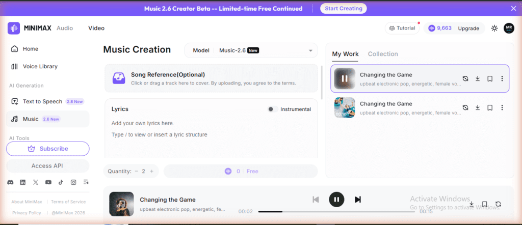 MiniMax Audio music player - Changing the Game generated by Mr Review Ai, playing 00:02 of 00:15, Music 2.6 model, free generation, upbeat electronic pop energetic female vocal