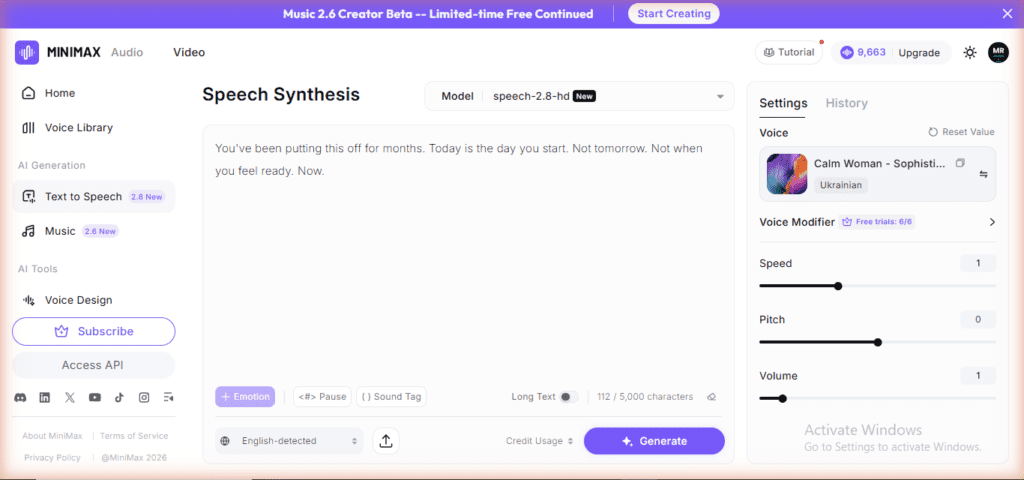 MiniMax Audio Speech Synthesis page - speech-2.8-hd model selected, Emotion Pause Sound Tag controls, Voice Modifier Free trials 6/6, 9663 credits