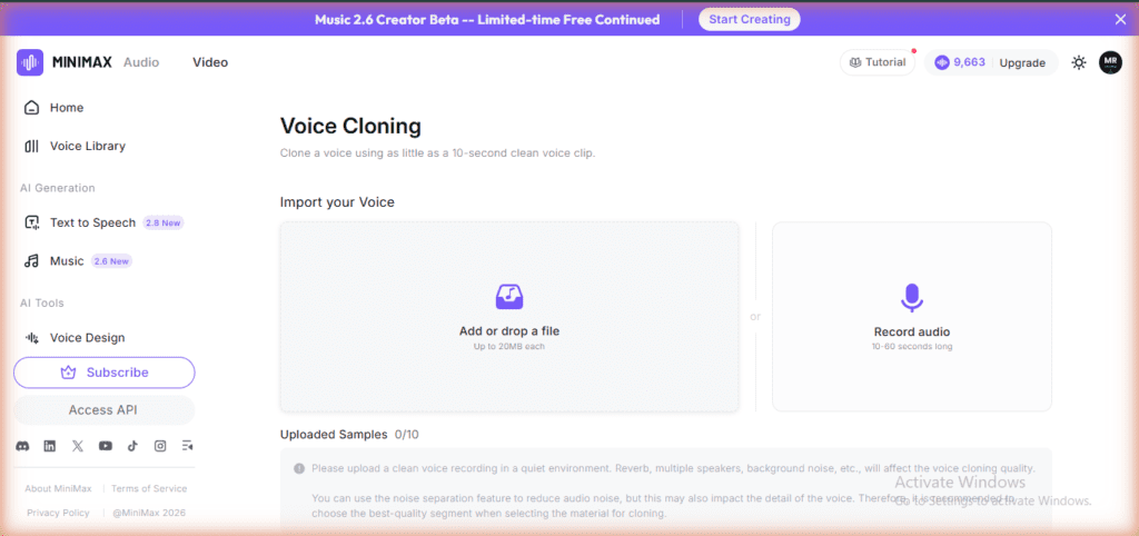 MiniMax Audio Voice Cloning page - clone voice from as little as 10-second clean voice clip, Add or drop a file, Record audio 10-60 seconds, free tier