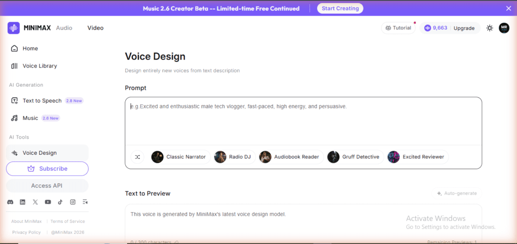 MiniMax Audio Voice Design - create voices from text description, presets: Classic Narrator, Radio DJ, Audiobook Reader, Gruff Detective, Excited Reviewer