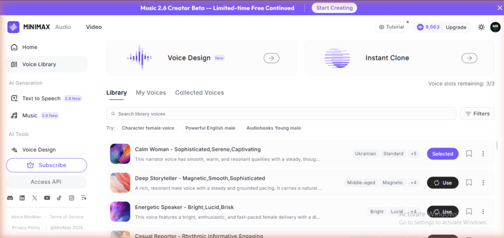 MiniMax Audio Voice Library - Voice Design New and Instant Clone features, Library with My Voices and Collected Voices tabs, Voice slots remaining 3/3, 9663 credits
