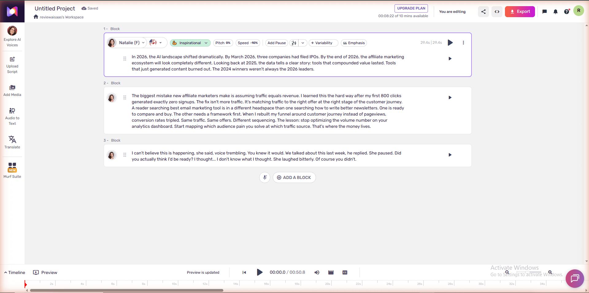 Murf AI block editor showing 3 blocks, per-block controls toolbar (Natalie, Inspirational, Speed -10%, 66 Emphasis) and 00:08:22 of 10 mins available
