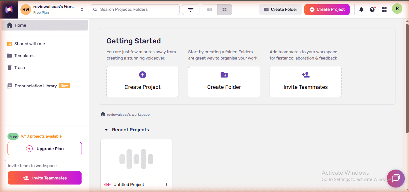 Murf AI free plan workspace showing 9 out of 10 projects available on free tier
