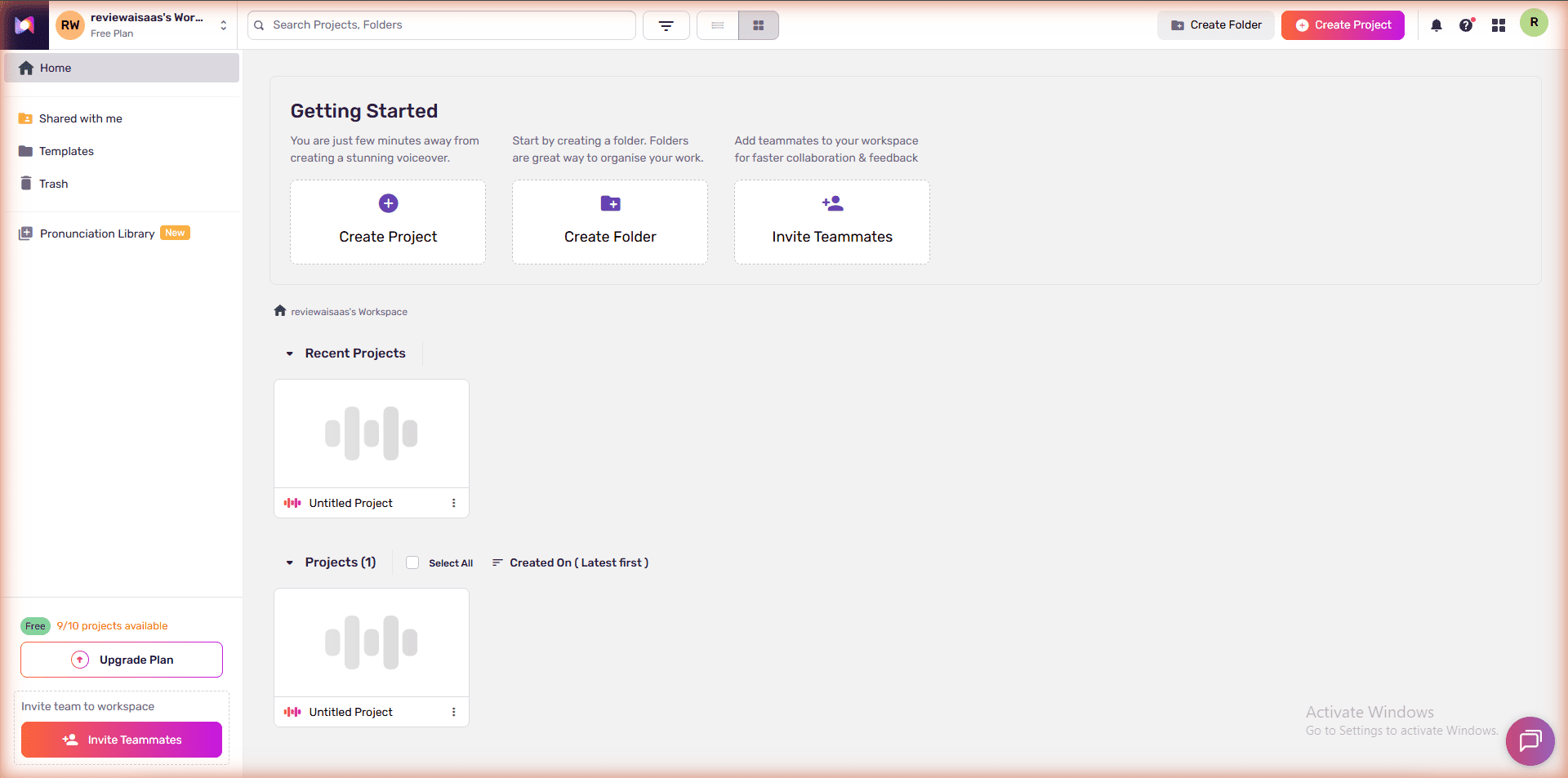 Murf AI free plan dashboard - account reviewaisaas, 9/10 projects available, tested May 30 2026