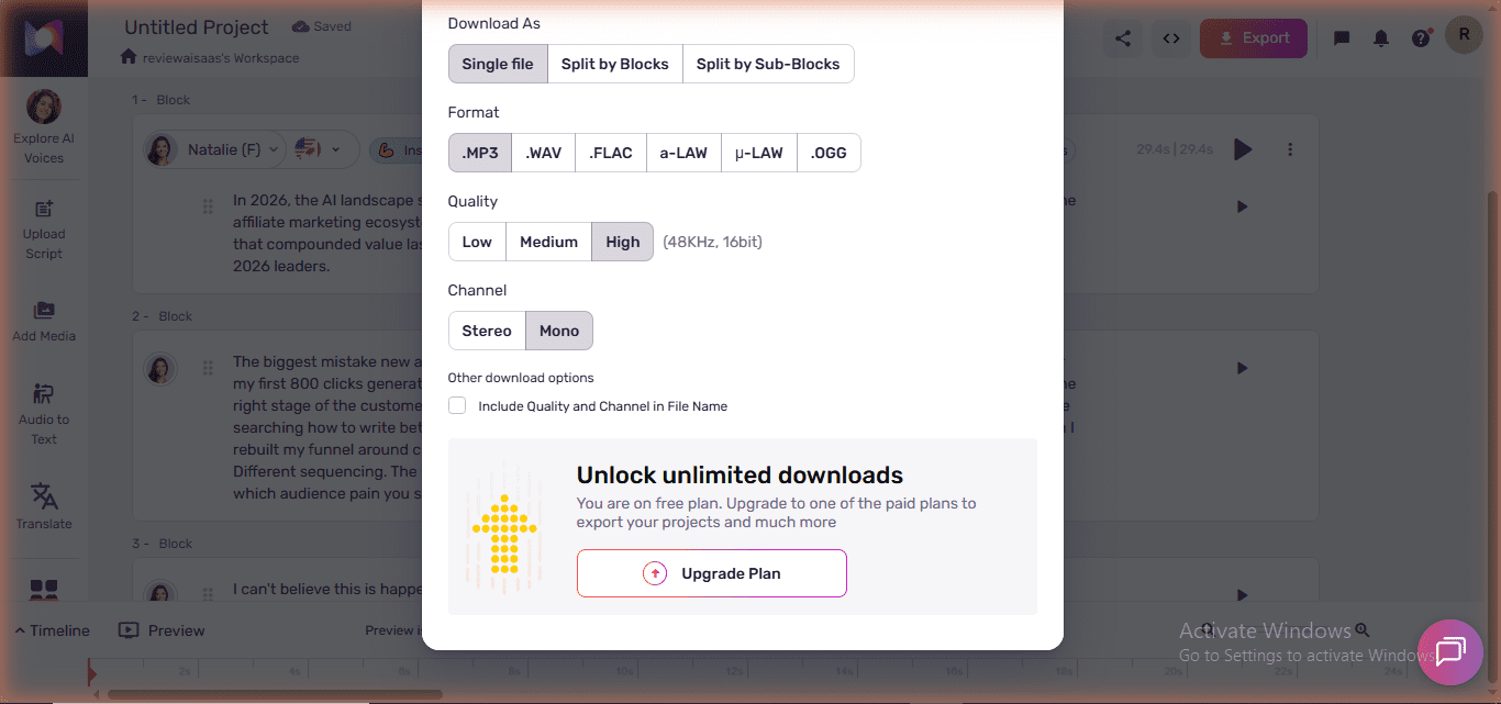 Murf AI free plan export restriction - Unlock unlimited downloads message showing free plan cannot download audio