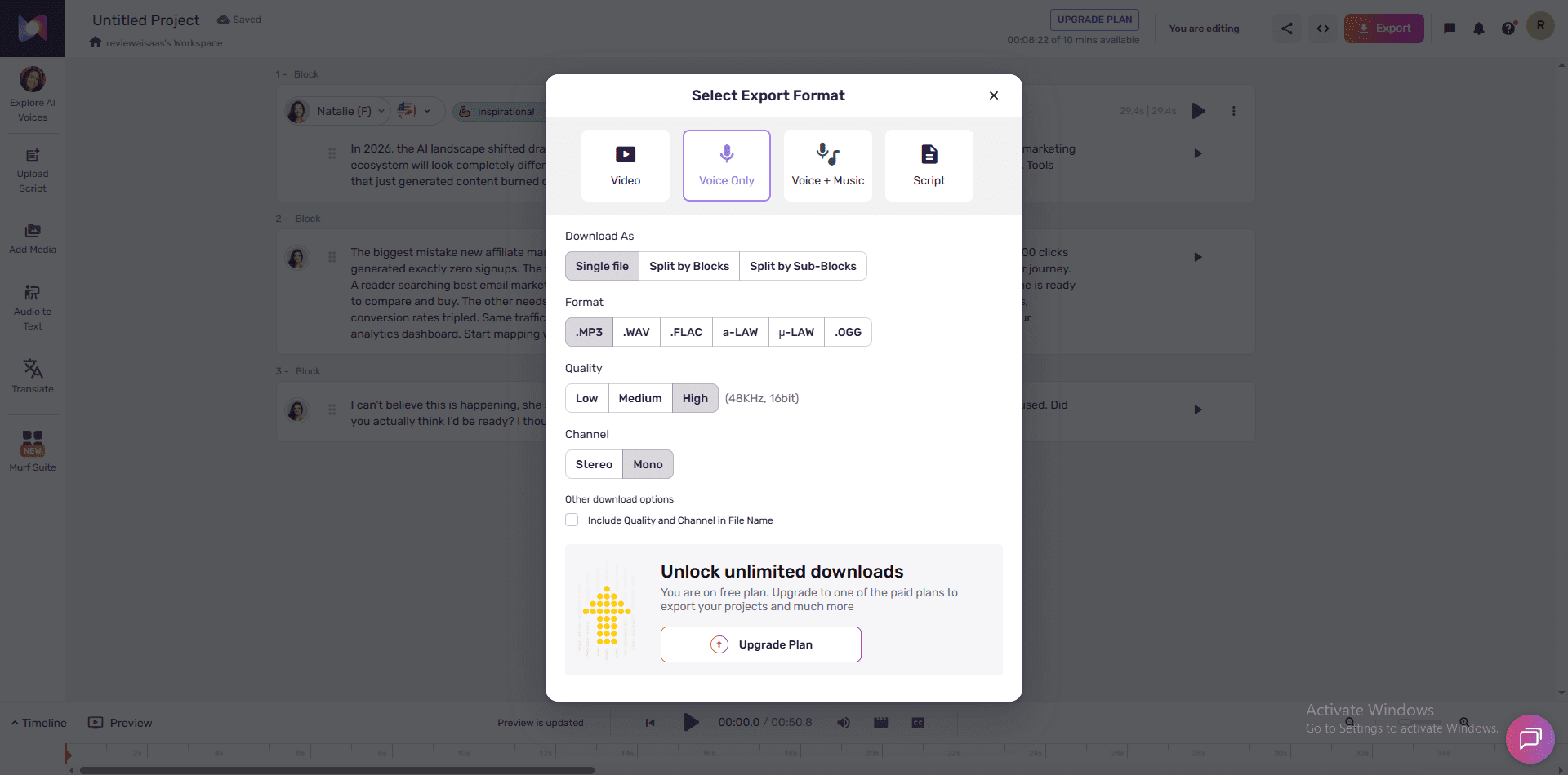 Murf AI free plan export wall - Unlock unlimited downloads popup showing free plan cannot download audio files